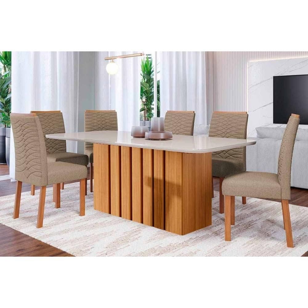 Conjunto: Mesa de Cozinha Ana Tampo Madeirado c/ Vidro 180x90cm e 6 Cadeiras Clarice Nature/Off White - Carvalho/Suede Joli Capuccino - Cimol