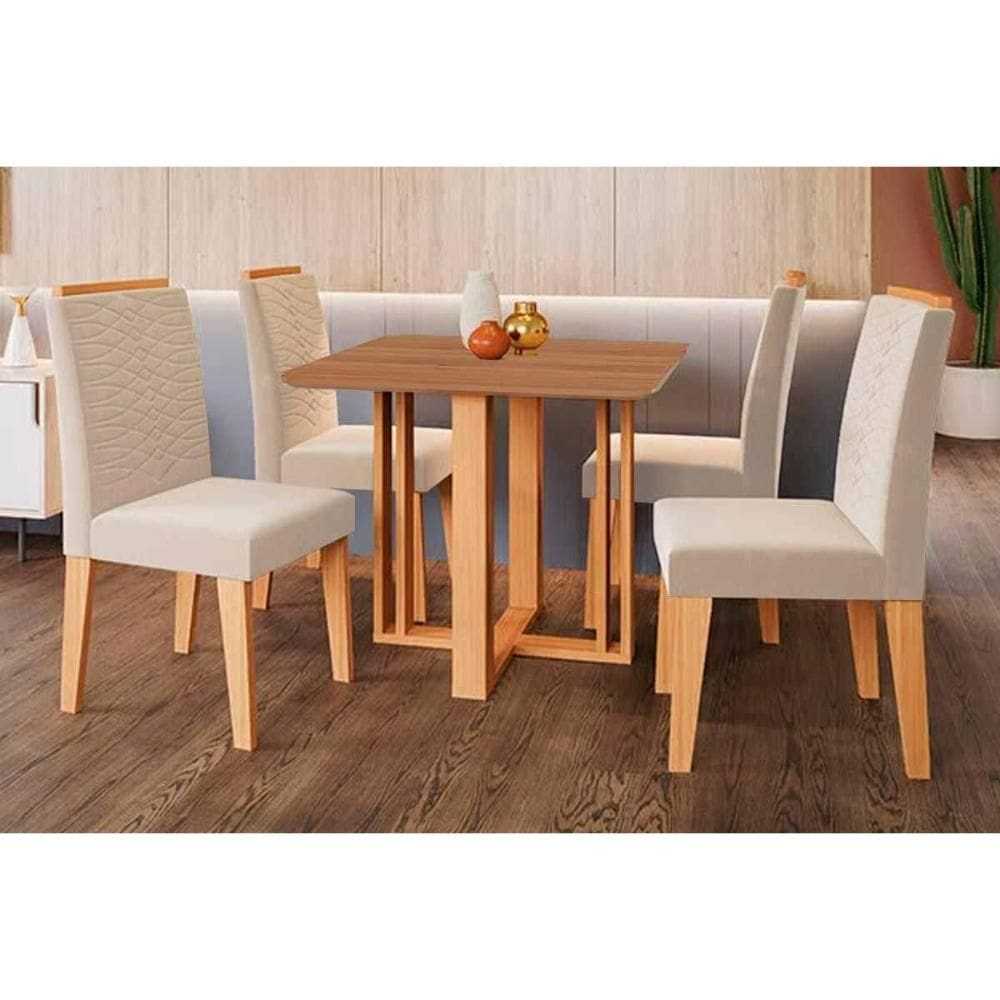Conjunto: Mesa de Cozinha Flora Tampo Madeirado 95x95cm e 4 Cadeiras Clarice Cinamomo - Carvalho/Suede Nude Bege - Cimol