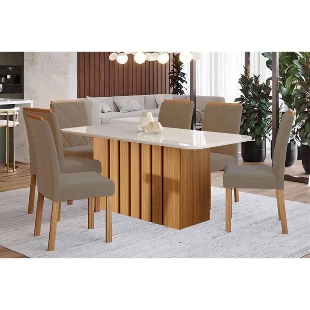 Conjunto: Mesa de Cozinha Ana Tampo Madeirado c/ Vidro 180x90cm e 6 Cadeiras Fernanda Nature/Off White - Carvalho/Suede Joli Capuccino - Cimol