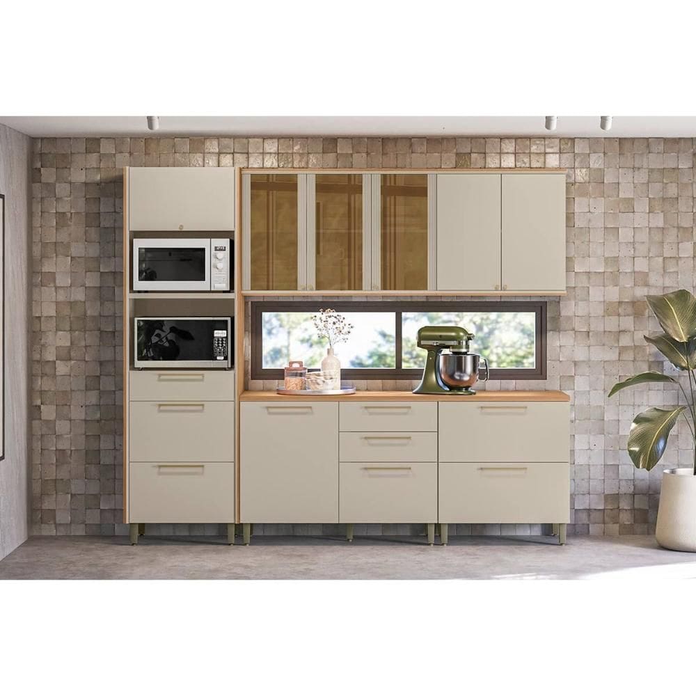 Kit de Cozinha Completa 5 Peças Atena (2Aéreos+2Balcões+1TorreQuente) CP07 Jequitiba/Off White Fosco - Linea Brasil