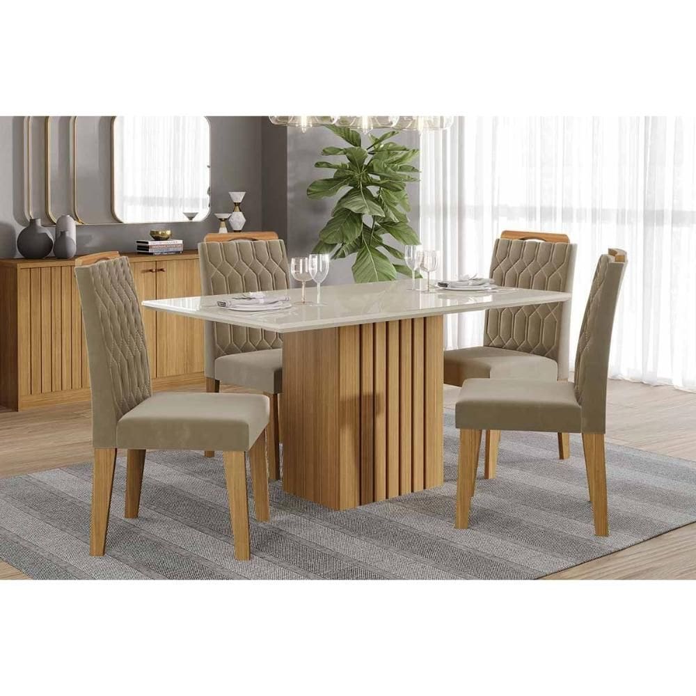 Conjunto: Mesa de Cozinha Ana Tampo Madeirado c/ Vidro 130x80cm e 4 Cadeiras Paola Nature/Off White - Carvalho/Linho Bege - Cimol