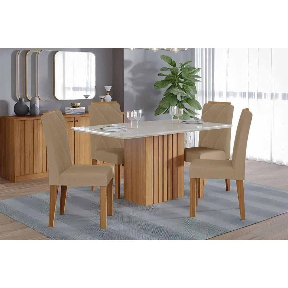 Conjunto: Mesa de Cozinha Ana Tampo Madeirado c/ Vidro 130x80cm e 4 Cadeiras Fernanda Nature/Off White - Carvalho/Suede Nude Bege - Cimol
