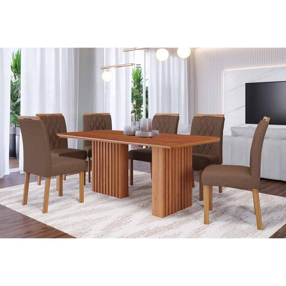 Conjunto: Mesa de Cozinha Ester Tampo Madeirado 180x90cm e 6 Cadeiras Juliana Cinamomo - Carvalho/Suede Joli Capuccino - Cimol