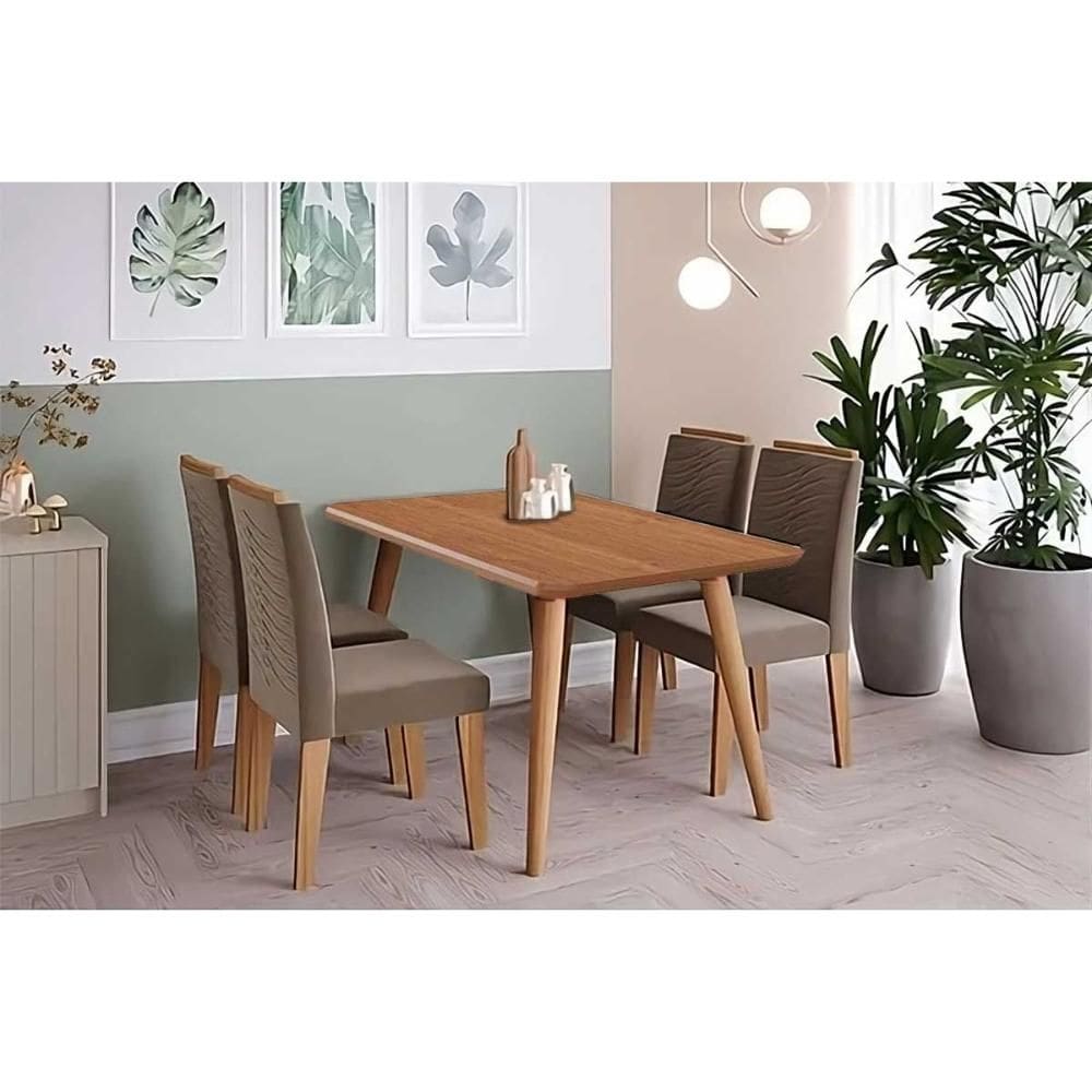 Conjunto: Mesa de Cozinha Adele Tampo Madeirado 130x80cm e 4 Cadeiras Clarice Carvalho/Cinamomo - Suede Joli Capuccino - Cimol