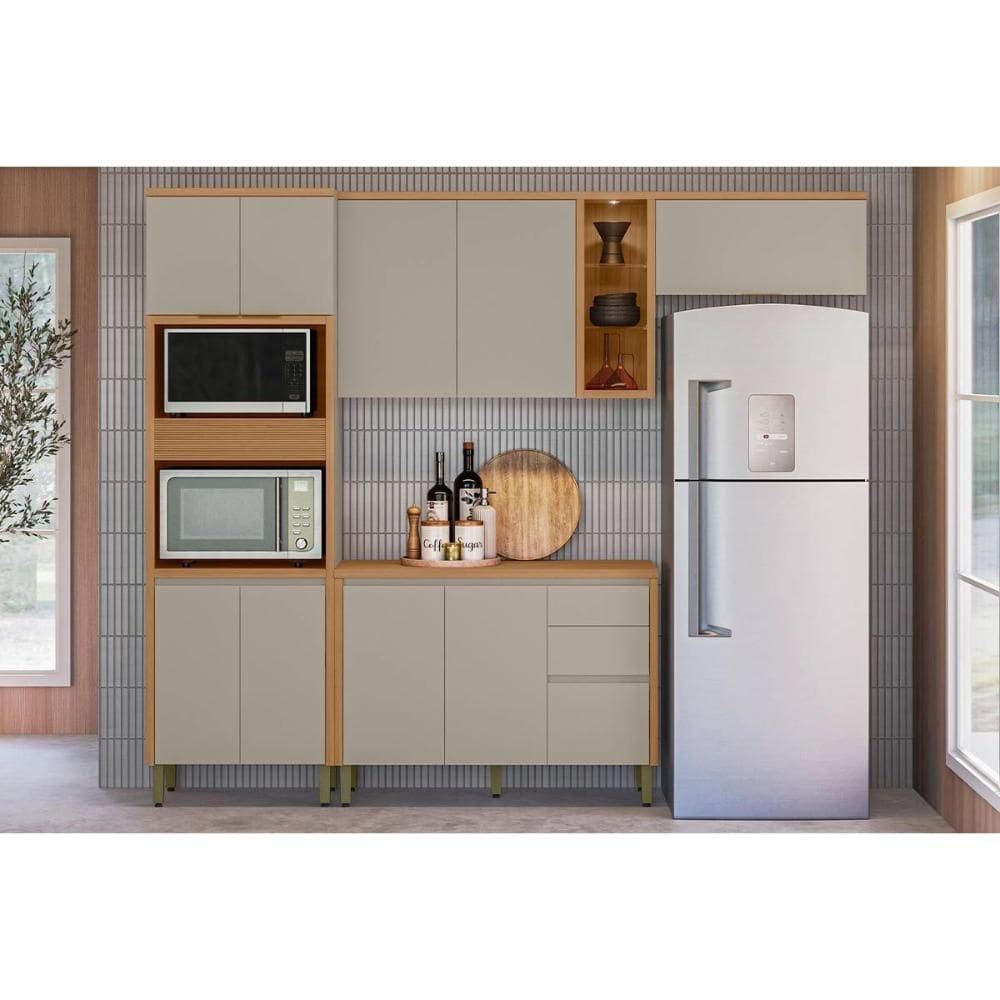 Kit de Cozinha Completa 4 Peças Allure (2Aéreos+1Balcão+1TorreQuente) CP10 Jequitiba/Gris Fosco - Linea Brasil