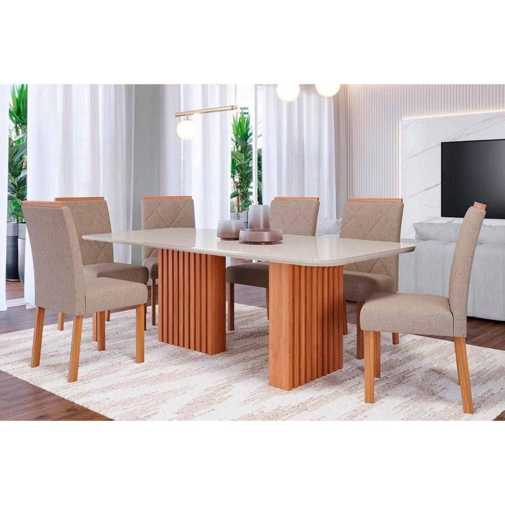 Conjunto: Mesa de Cozinha Ester Tampo Madeirado c/ Vidro 180x90cm e 6 Cadeiras Fernanda Cinamomo/Off White - Carvalho/Linho Bege - Cimol