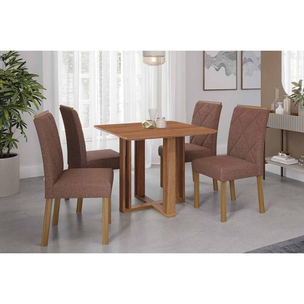 Conjunto: Mesa de Cozinha Flora Tampo Madeirado 95x95cm e 4 Cadeiras Fernanda Cinamomo - Carvalho/Suede Joli Capuccino - Cimol