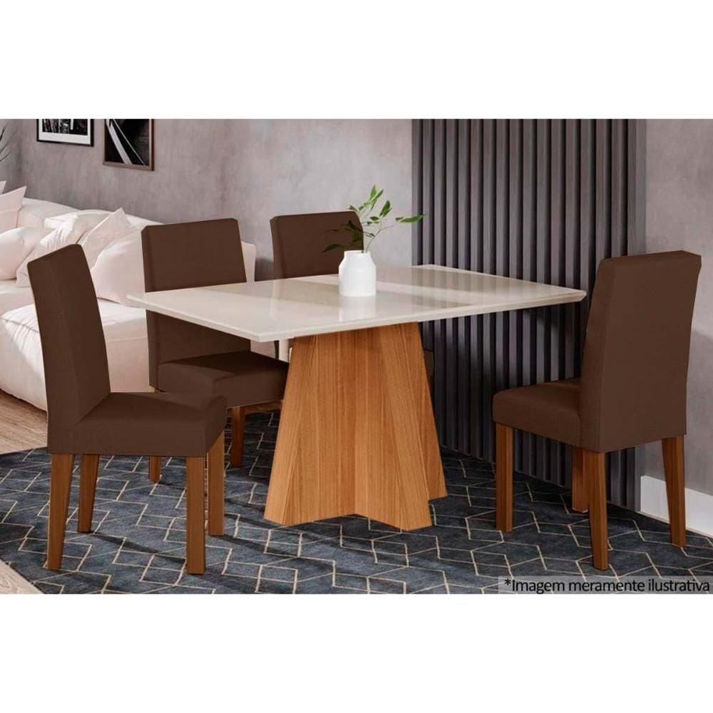 Conjunto: Mesa de Cozinha Patricia c/ Tampo Madeirado c/ Vidro 130x80cm e 4 Cadeiras Milena Nature/Suede Joli Chocolate - Cimol