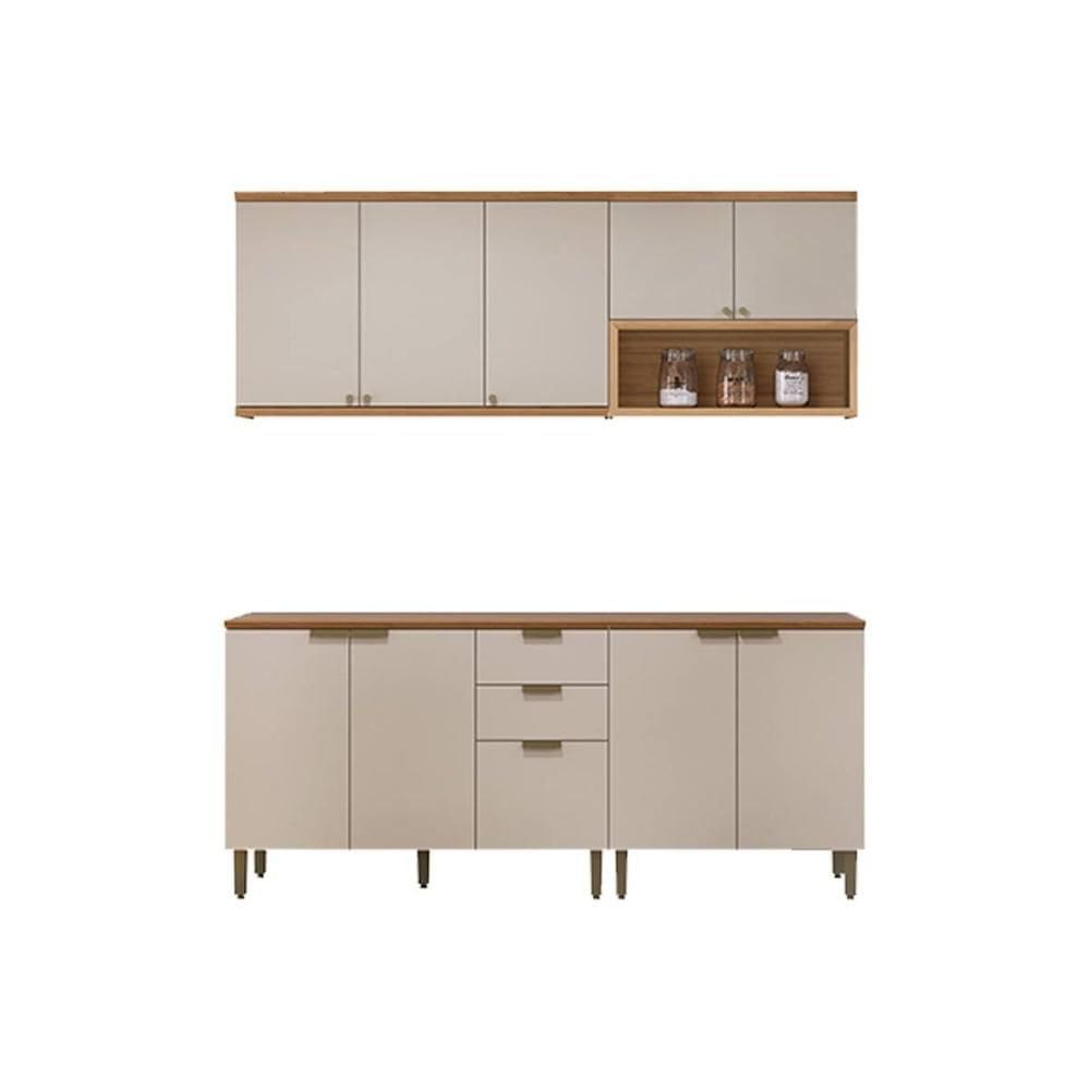 Kit Cozinha Modulada 4 Peças Selene (2Balcões+2Aéreos) CP22 Jequitiba/Off White Fosco - Linea Brasil