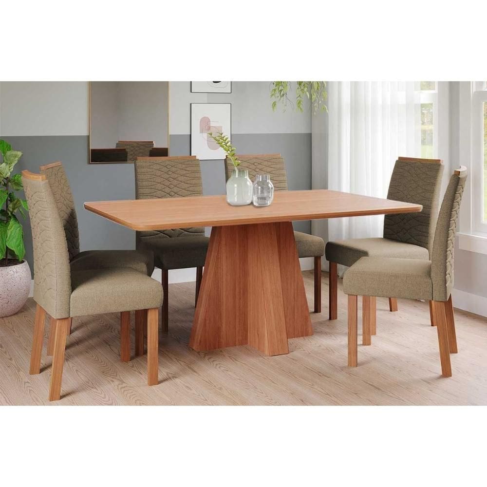 Conjunto: Mesa de Cozinha Maitê Tampo Madeirado 160x80cm e 6 Cadeiras Clarice Cinamomo - Carvalho/Suede Joli Capuccino - Cimol