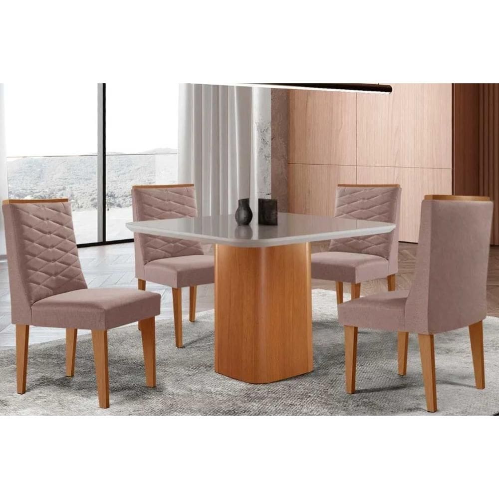 Sala de Jantar Completa Maldivas c/ Tampo Madeirado c/ Vidro Canto Curvo 90x90cm e 4 Cadeiras Maldivas Naturale/Off White - Linho Capuccino - Rufato