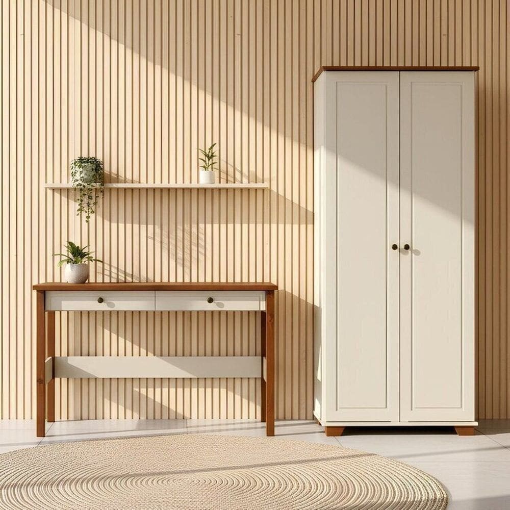 Conjunto com Escrivaninha 120cm 2 Gavetas e Armário Multiuso Ananda Cabecasa Madeiramadeira Off White/Mel