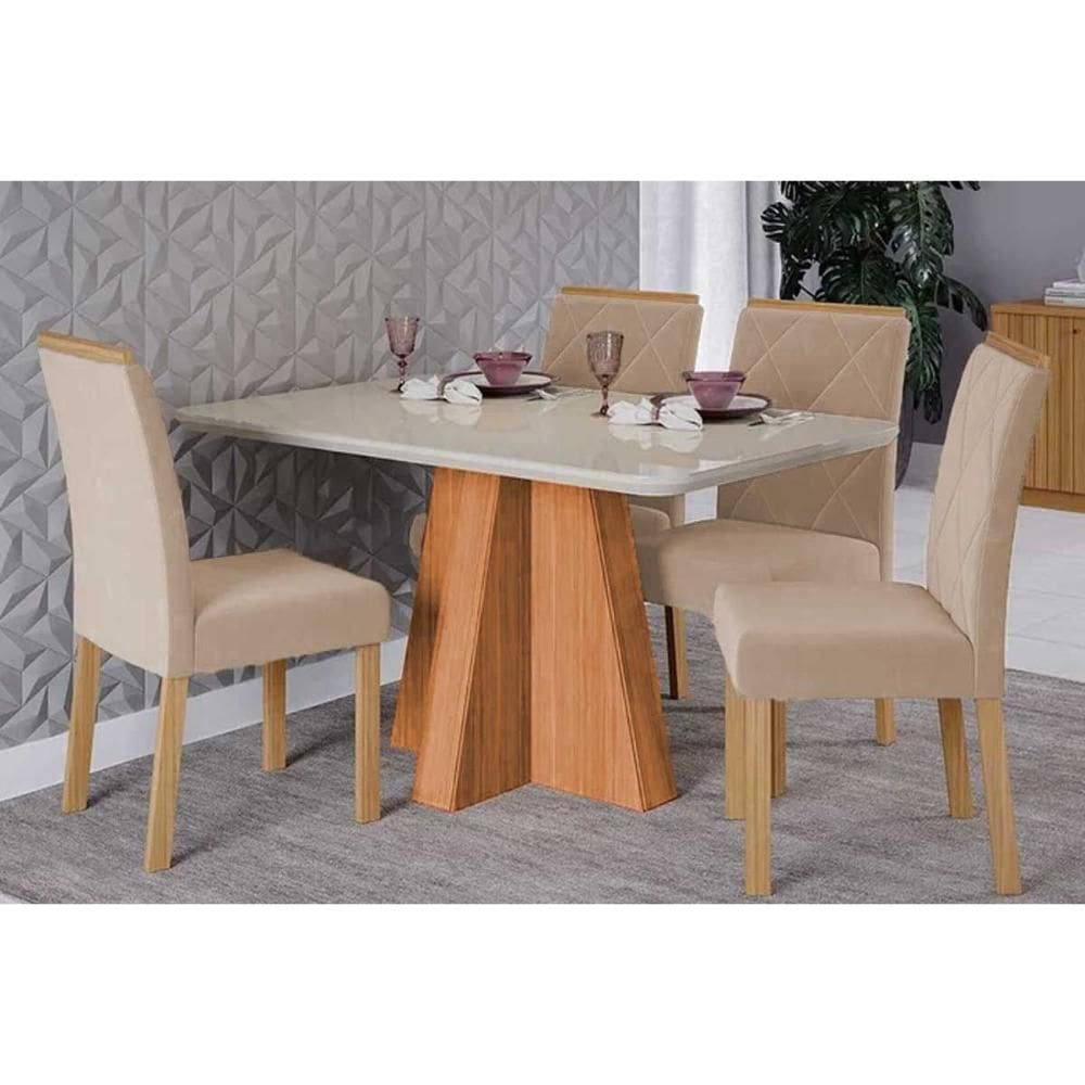Conjunto: Mesa de Cozinha Maitê Tampo Madeirado c/ Vidro 130x80cm e 4 Cadeiras Fernanda Cinamomo/Off White - Carvalho/Suede Nude Bege - Cimol