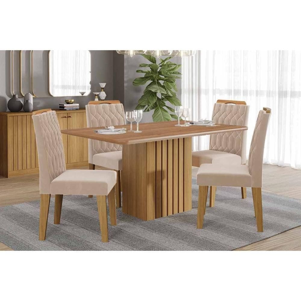 Conjunto: Mesa de Cozinha Ana Tampo Madeirado 130x80cm e 4 Cadeiras Paola Cinamomo - Carvalho/Suede Nude Bege - Cimol