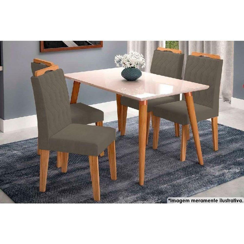 Mesa Cozinha Adele Madeira Maciça Tampo Madeirado c/ Vidro 130x80cm e 4 Cadeiras Paola Savana-Nature-Madeirado/Off White -Velud-Cimol