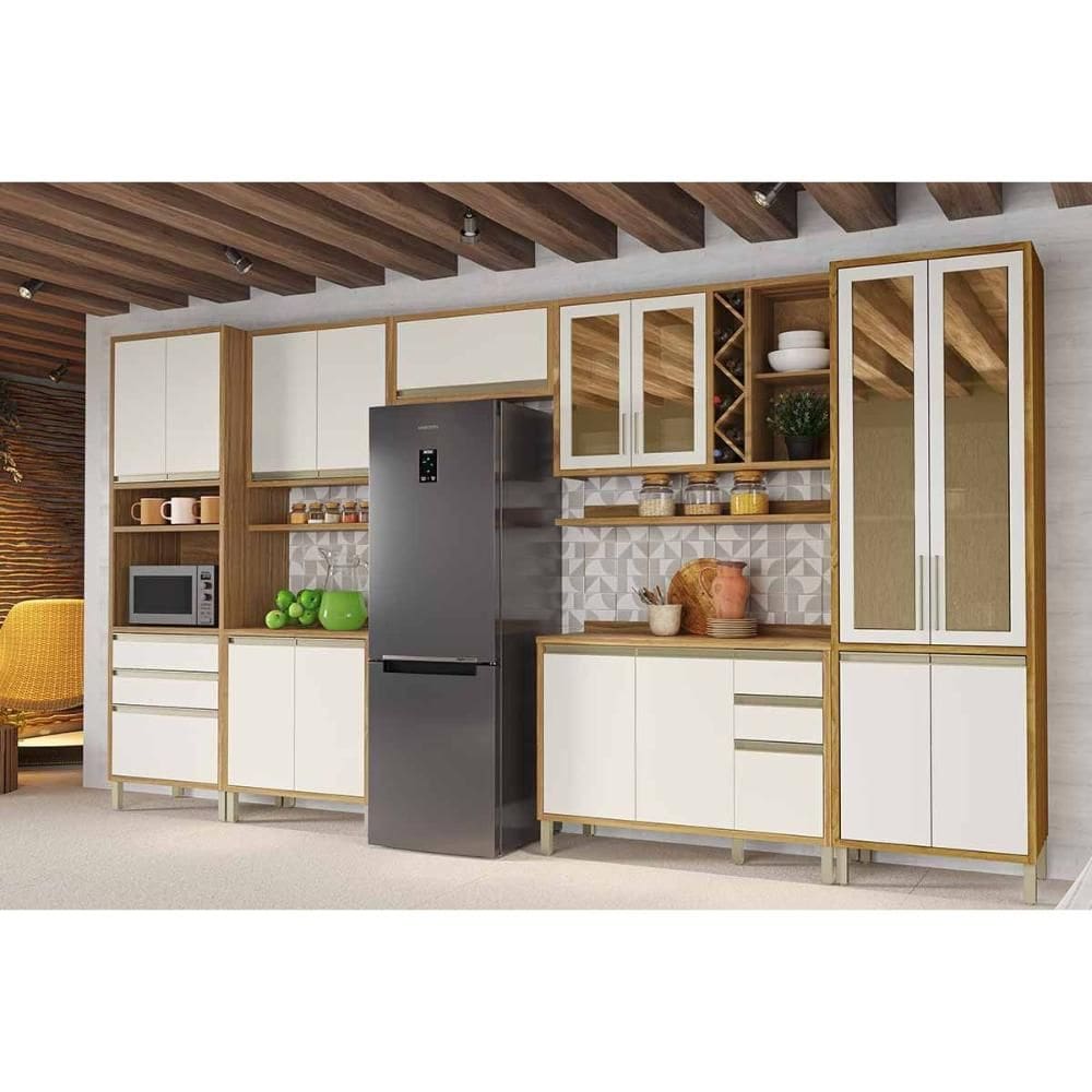 Cozinha Modulada Ronipa Tempranillo Tempranillo 9 Peças (3Aéreos+2Balcões+1Paneleiro+1TorreQuente+2Complementos) C9P22 Amendoa/Off White-Ronipa