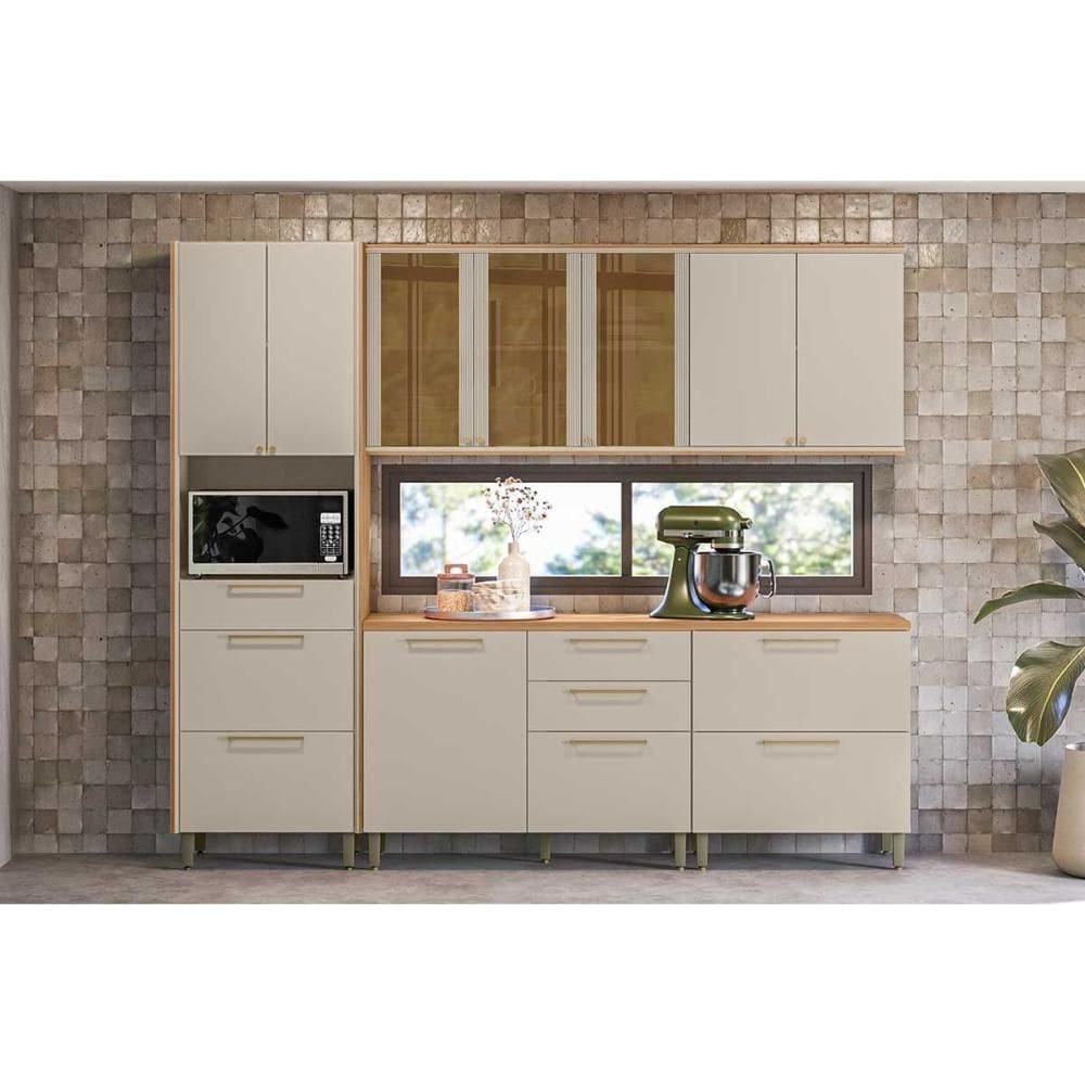 Kit de Cozinha Completa 5 Peças Atena (2Aéreos+2Balcões+1Paneleiro) CP28 Jequitiba/Off White Fosco - Linea Brasil