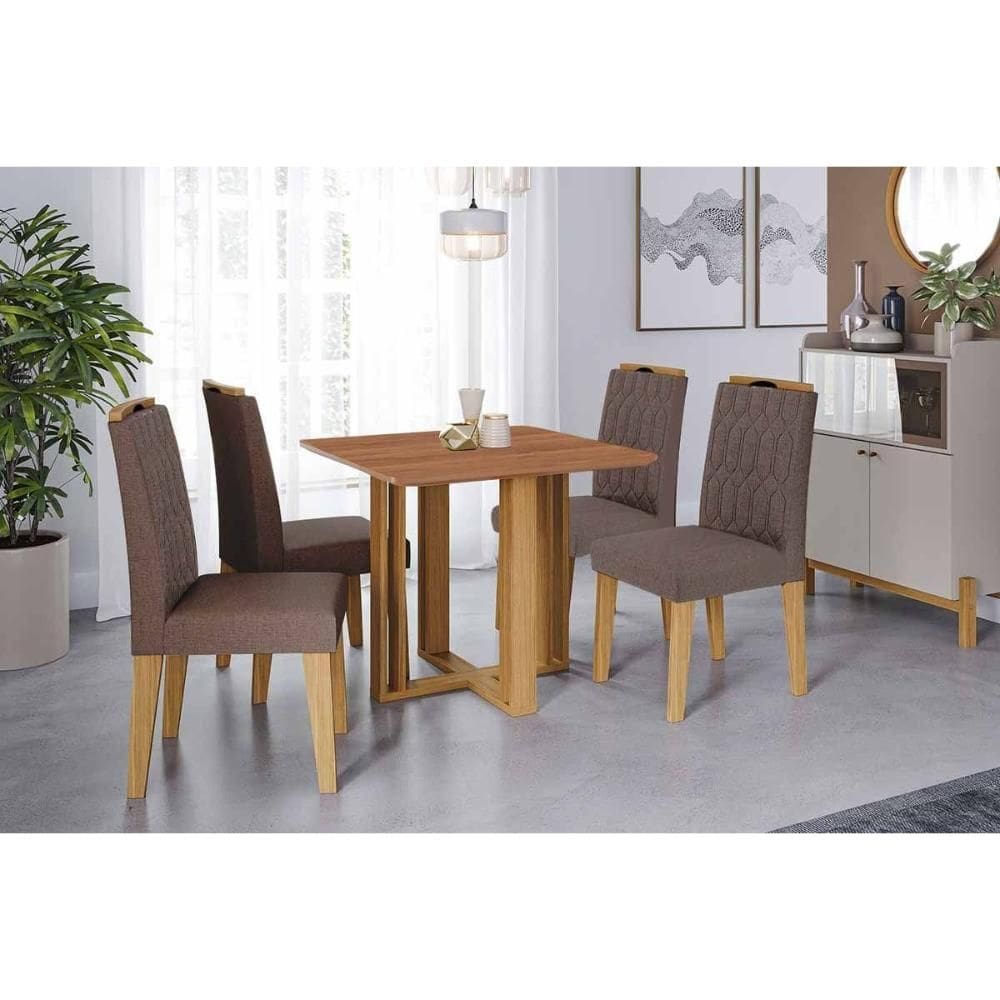 Conjunto: Mesa de Cozinha Flora Tampo Madeirado 95x95cm e 4 Cadeiras Paola Cinamomo - Carvalho/Suede Joli Capuccino - Cimol