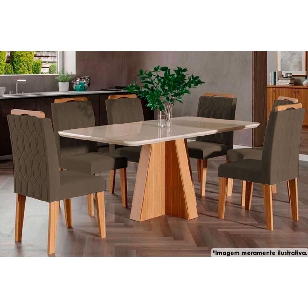 Sala de Jantar Completa Maite c/ Tampo Madeirado c/ Vidro Canto Curvo 160X80cm e 6 Cadeiras Paola Nature/Suede Joli Chocolate - Cimol