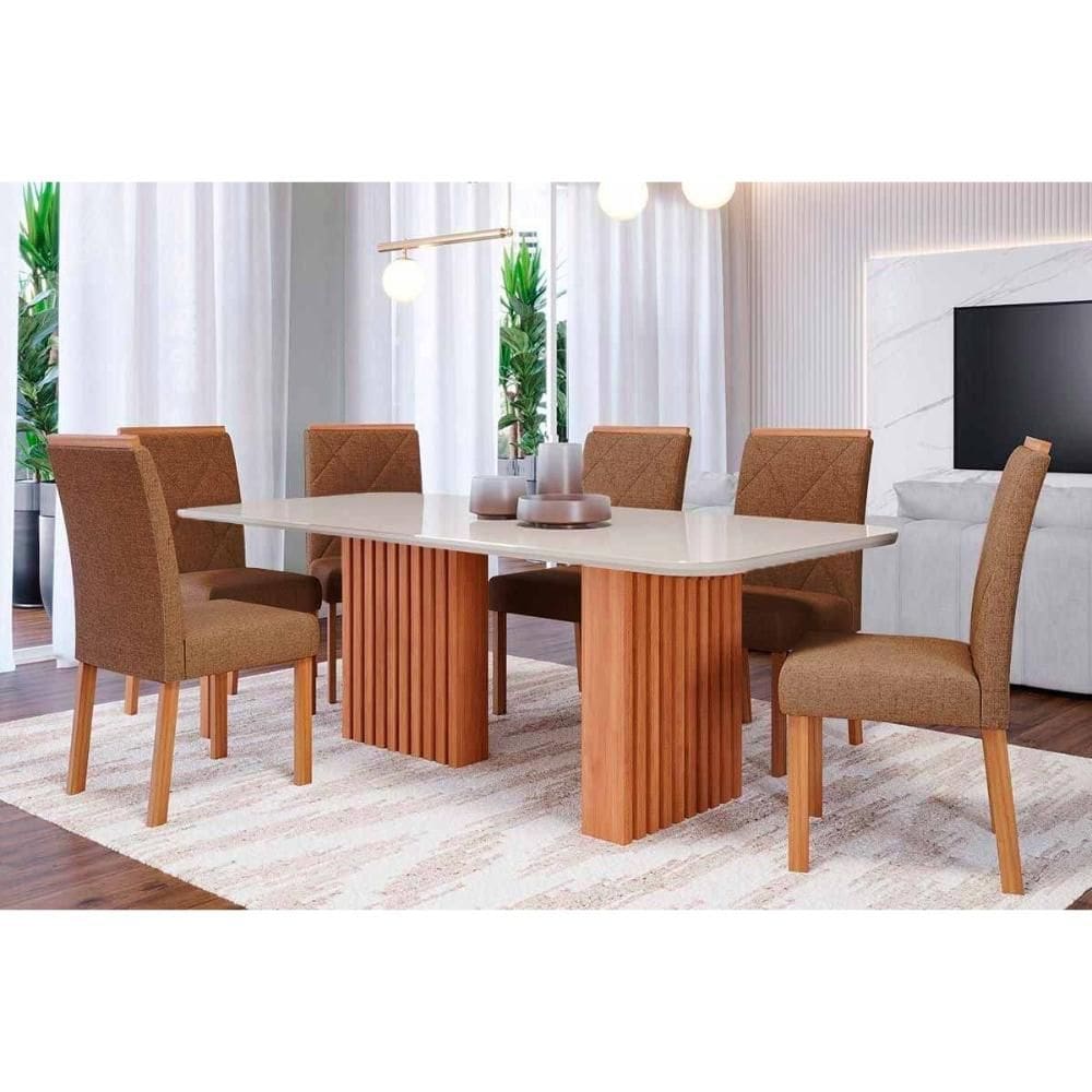 Conjunto: Mesa de Cozinha Ester Tampo Madeirado c/ Vidro 180x90cm e 6 Cadeiras Fernanda Cinamomo/Off White - Carvalho/Suede Joli Capuccino - Cimol