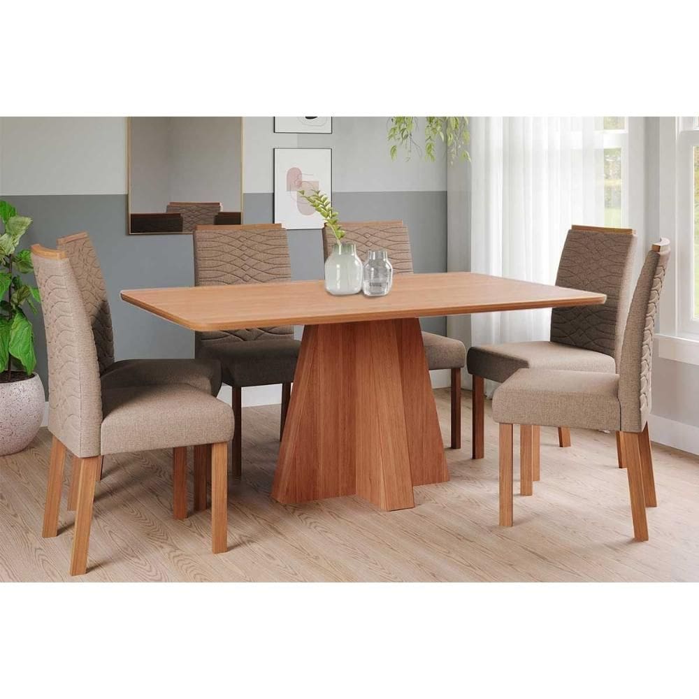 Conjunto: Mesa de Cozinha Maitê Tampo Madeirado 160x80cm e 6 Cadeiras Clarice Cinamomo - Carvalho/Linho Bege - Cimol