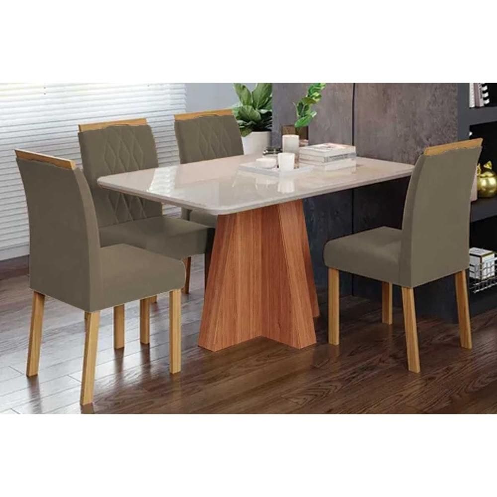 Conjunto: Mesa de Cozinha Maitê Tampo Madeirado c/ Vidro 130x80cm e 4 Cadeiras Juliana Cinamomo/Off White - Carvalho/Suede Joli Capuccino - Cimol