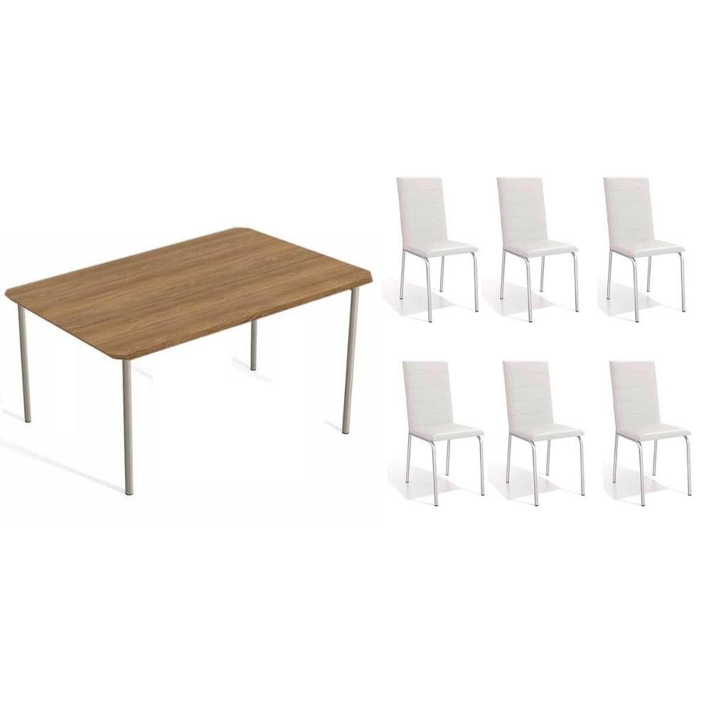 Conjunto: Mesa de Cozinha Sena c/ Tampo de Madeira 1.60cm + 6 Cadeiras Amsterdã Niquel/Branco 106 - Kappesberg