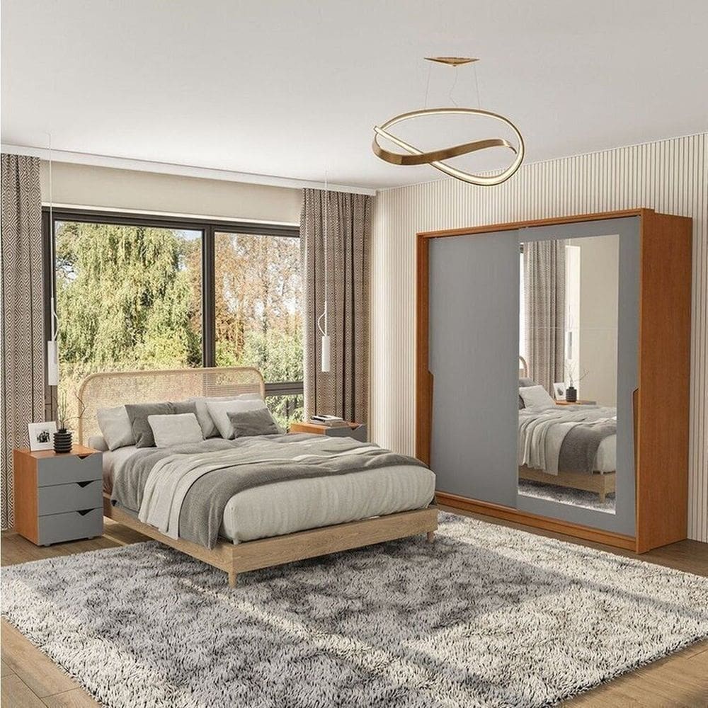 Conjunto 2 Mesas de Cabeceira e 1 Guarda Roupa 2 Portas de Correr com Espelho Porto Politorno Móveis Cinza/Freijó