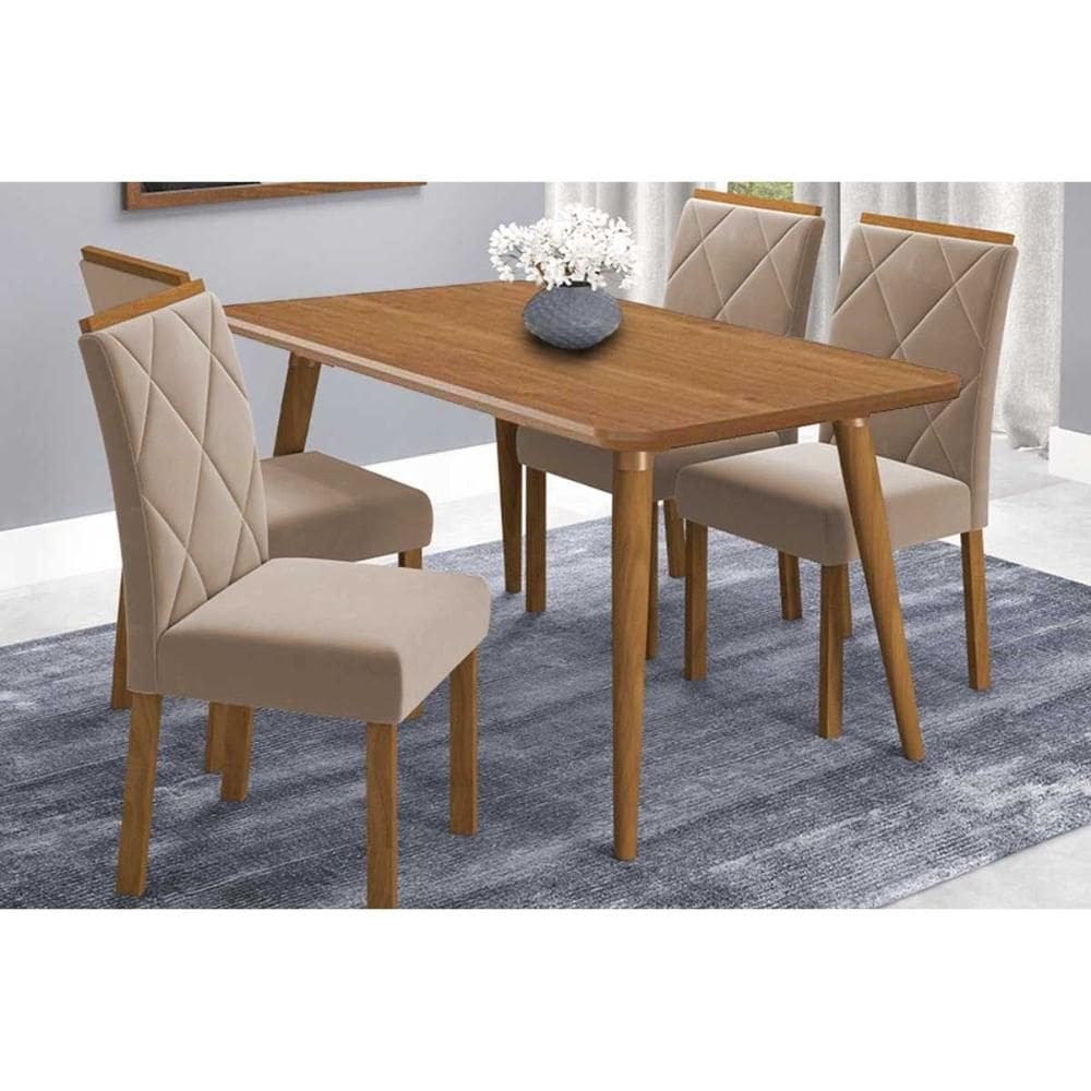 Conjunto: Mesa de Cozinha Adele Tampo Madeirado 130x80cm e 4 Cadeiras Fernanda Carvalho/Cinamomo - Linho Bege - Cimol