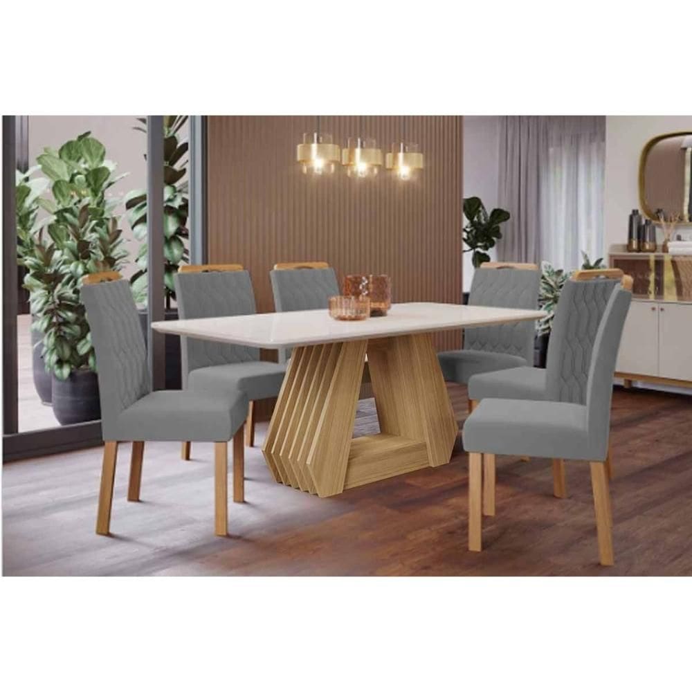 Conjunto: Mesa de Cozinha Ágata Tampo Madeirado c/ Vidro 180x90cm e 6 Cadeiras Paola Nature/Off White - Carvalho/Suede Joli Capuccino - Cimol