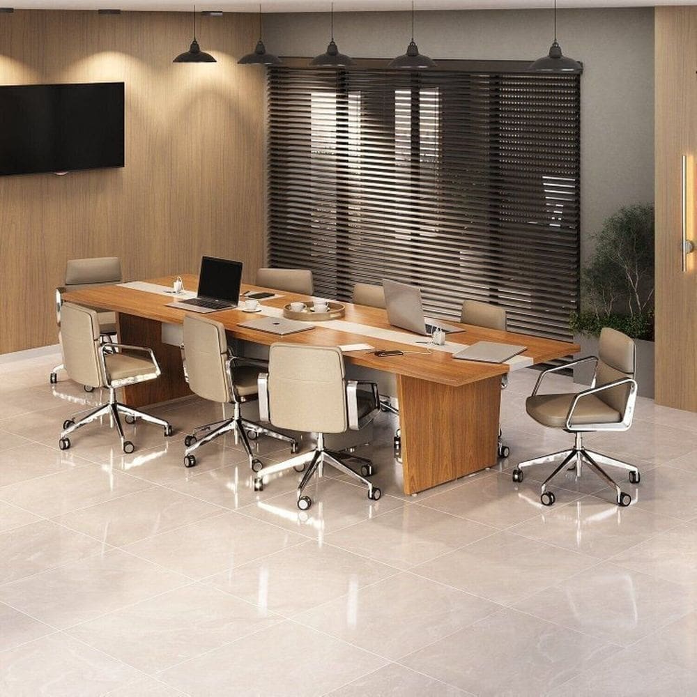 Kit Mesa de Reunião P/escritório com 2 Módulos P/extensão Caixa de Tomada e Tampo em Tamburato 50mm Freijó/Branco