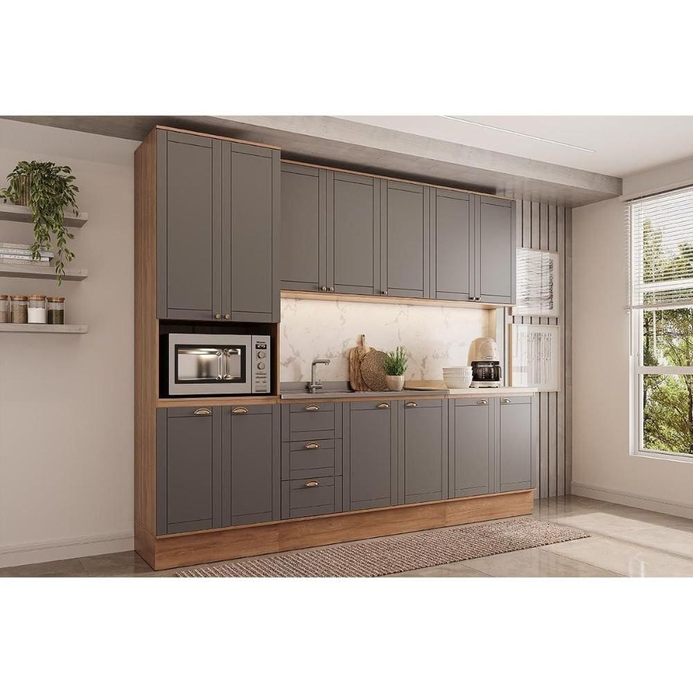 Kit de Cozinha Completa 5 Peças Bella (2Aéreos+2Balcões+1Paneleiro) C5P119 Nogal/Cinza - Carraro