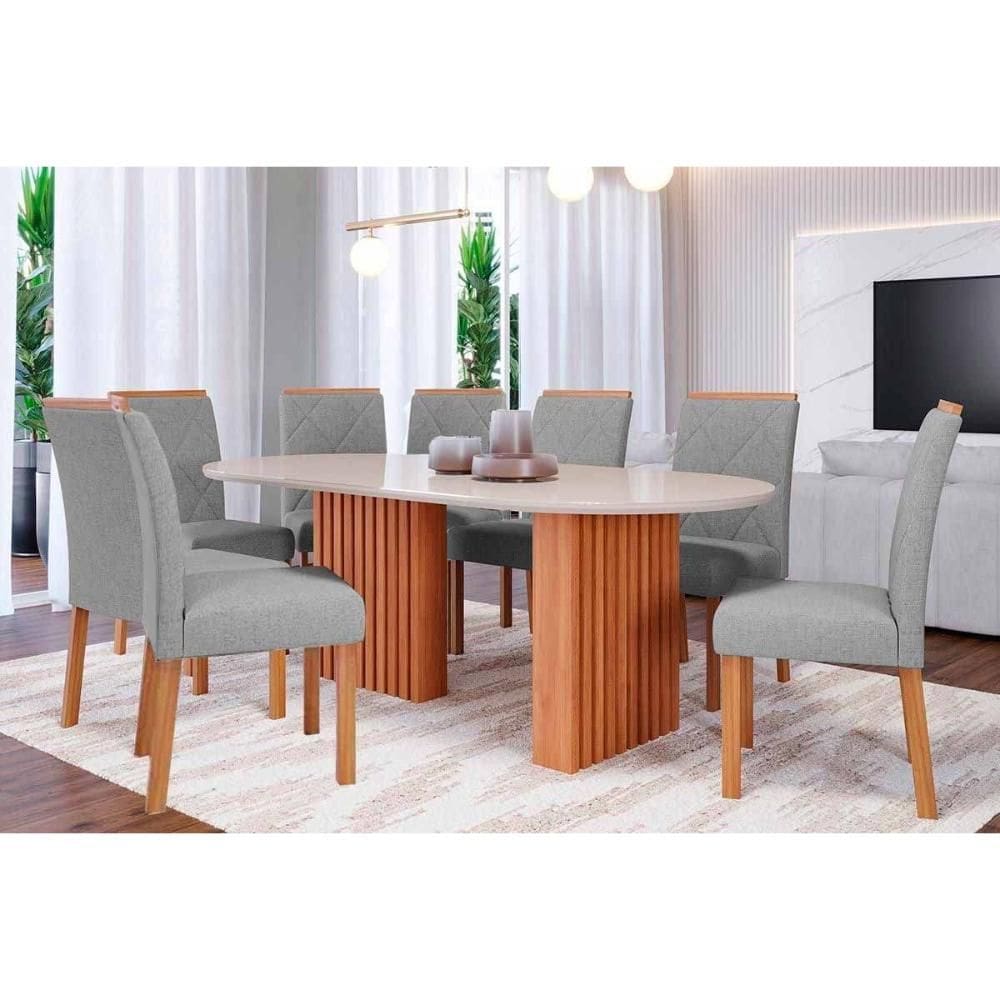Conjunto: Mesa Sala Jantar Ester Tampo Madeirado c/ Vidro 210x100cm e 8 Cadeiras Fernanda Cinamomo/Off White - Carvalho/Linho Grafite - Cimol
