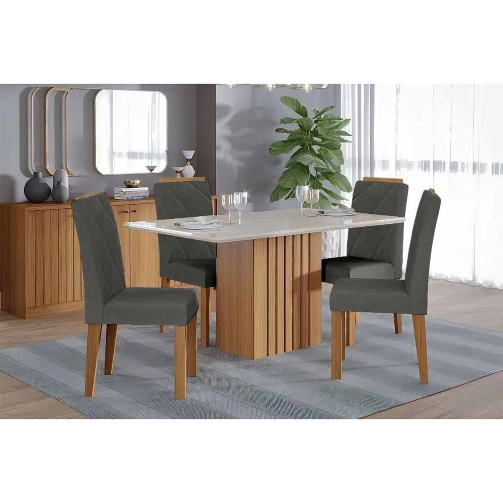 Conjunto: Mesa de Cozinha Ana Tampo Madeirado c/ Vidro 130x80cm e 4 Cadeiras Fernanda Nature/Off White - Carvalho/Linho Grafite - Cimol