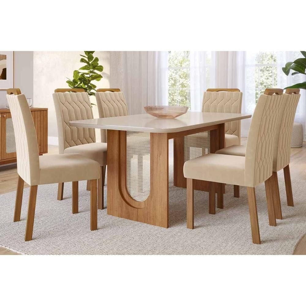 Conjunto: Mesa de Cozinha Valentina Tampo Madeirado c/ Vidro 180x90cm e 6 Cadeiras Paola Cinamomo/Off White - Carvalho/Suede Nude Bege - Cimol