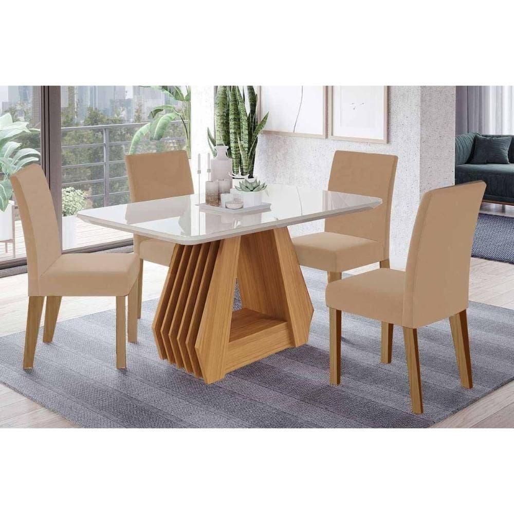 Conjunto: Mesa de Cozinha Ágata Tampo Madeirado c/ Vidro 130x80cm e 4 Cadeiras Maia Cinamomo/Off White - Nature/Suede Gengibre Bege - Cimol