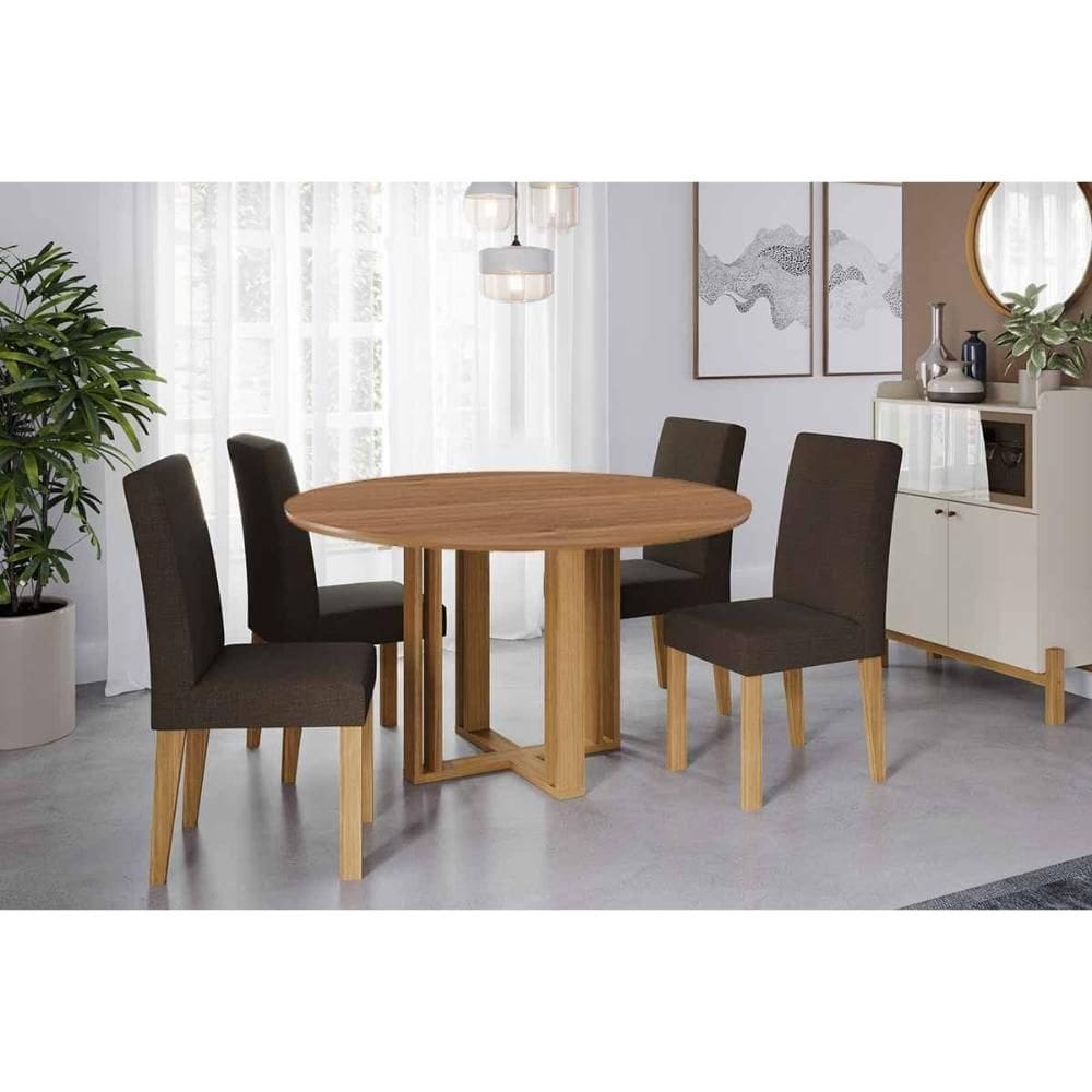 Conjunto: Mesa de Cozinha Flora Tampo Madeirado 109cm e 4 Cadeiras Maia Cinamomo - Nature/Suede Mascavo Chocolate - Cimol