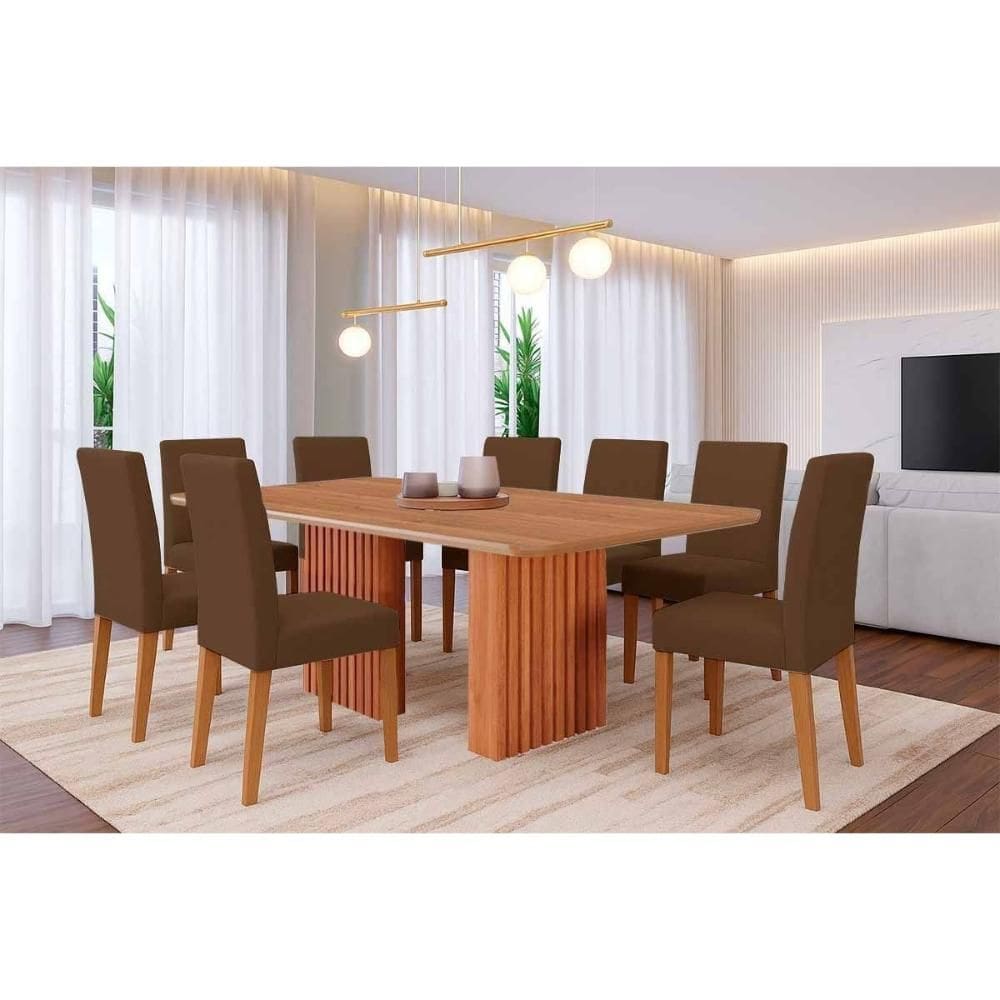 Conjunto: Mesa Sala Jantar Ester Tampo Madeirado 210x100cm e 8 Cadeiras Maia Cinamomo - Cinamomo/Suede Mascavo Chocolate - Cimol