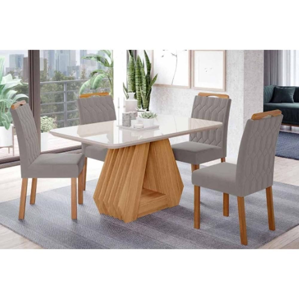 Conjunto: Mesa de Cozinha Ágata Tampo Madeirado c/ Vidro 130x80cm e 4 Cadeiras Paola Cinamomo/Off White - Carvalho/Suede Joli Capuccino - Cimol