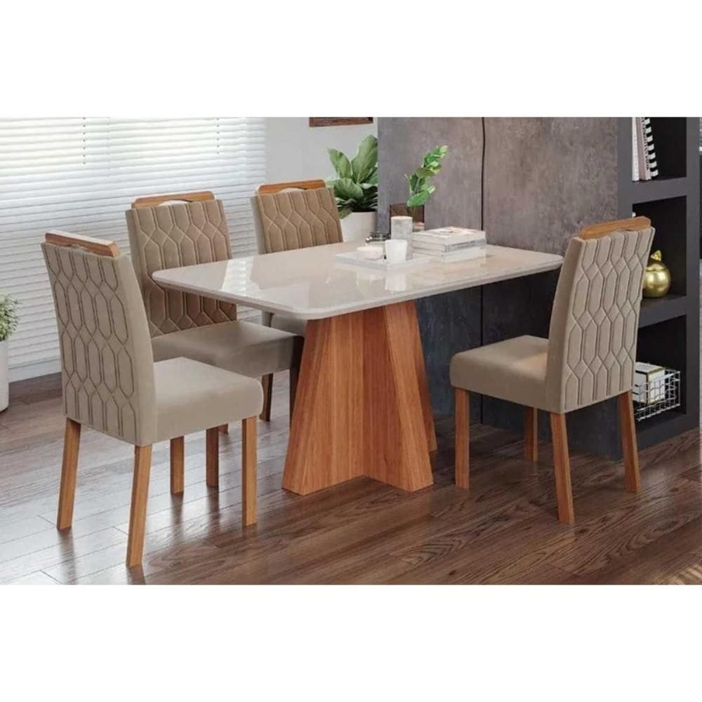 Conjunto: Mesa de Cozinha Maitê Tampo Madeirado c/ Vidro 130x80cm e 4 Cadeiras Paola Cinamomo/Off White - Carvalho/Suede Joli Capuccino - Cimol
