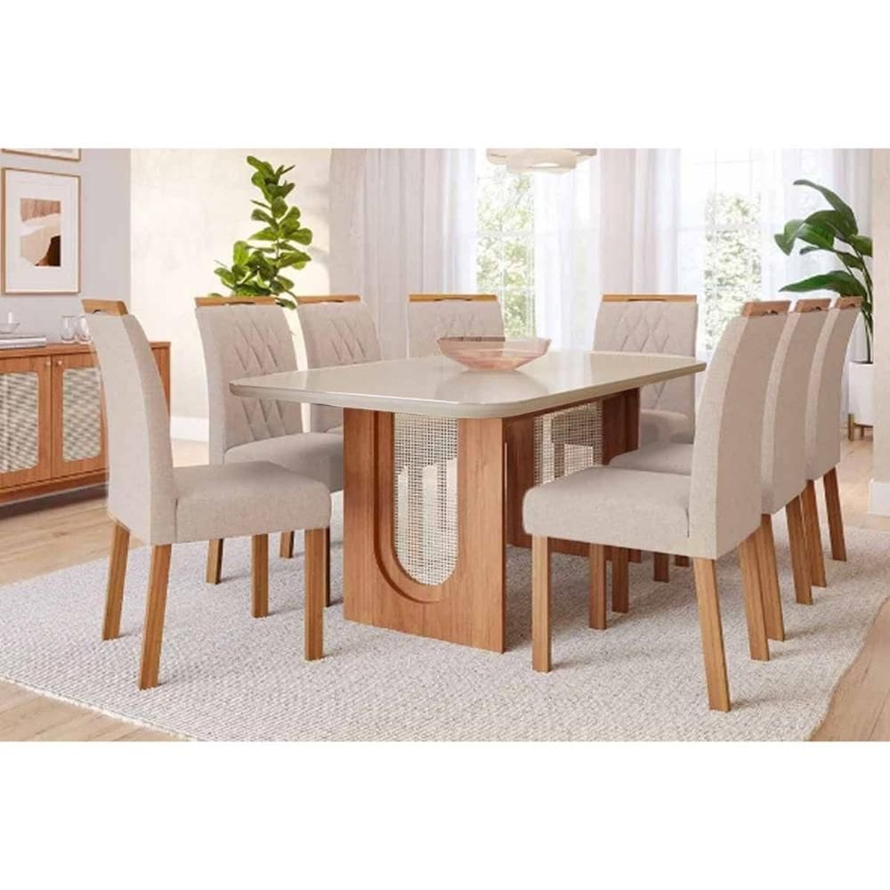 Conjunto: Mesa Sala Jantar Valentina Tampo Madeirado c/ Vidro 210x100cm e 8 Cadeiras Juliana Cinamomo/Off White - Carvalho/Suede Nude Bege - Cimol