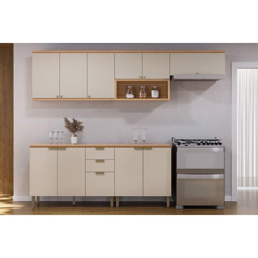 Kit de Cozinha Completa 5 Peças Selene (3Aéreos+2Balcões) CP07 Jequitiba/Off White Fosco - Linea Brasil