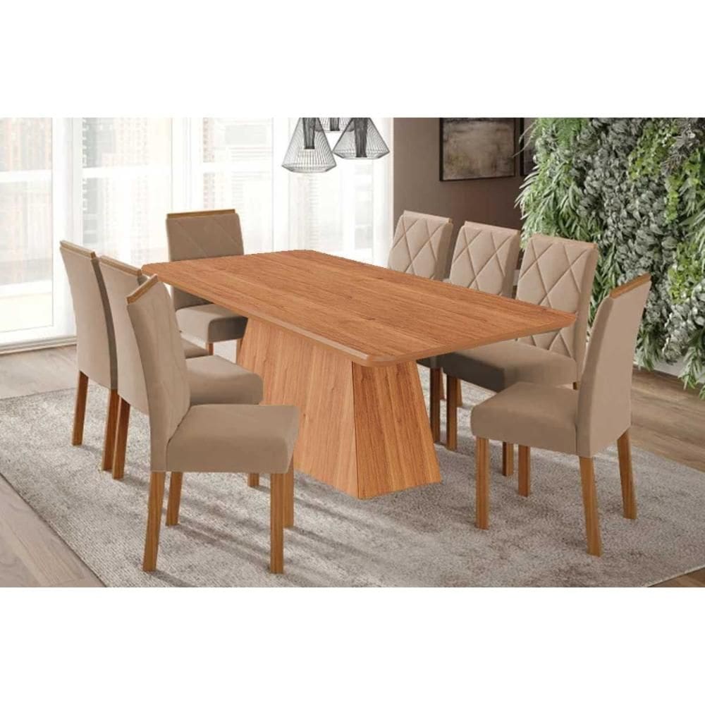 Conjunto: Mesa Sala Jantar Helena Tampo Madeirado 210x100cm e 8 Cadeiras Fernanda Cinamomo - Carvalho/Linho Bege - Cimol