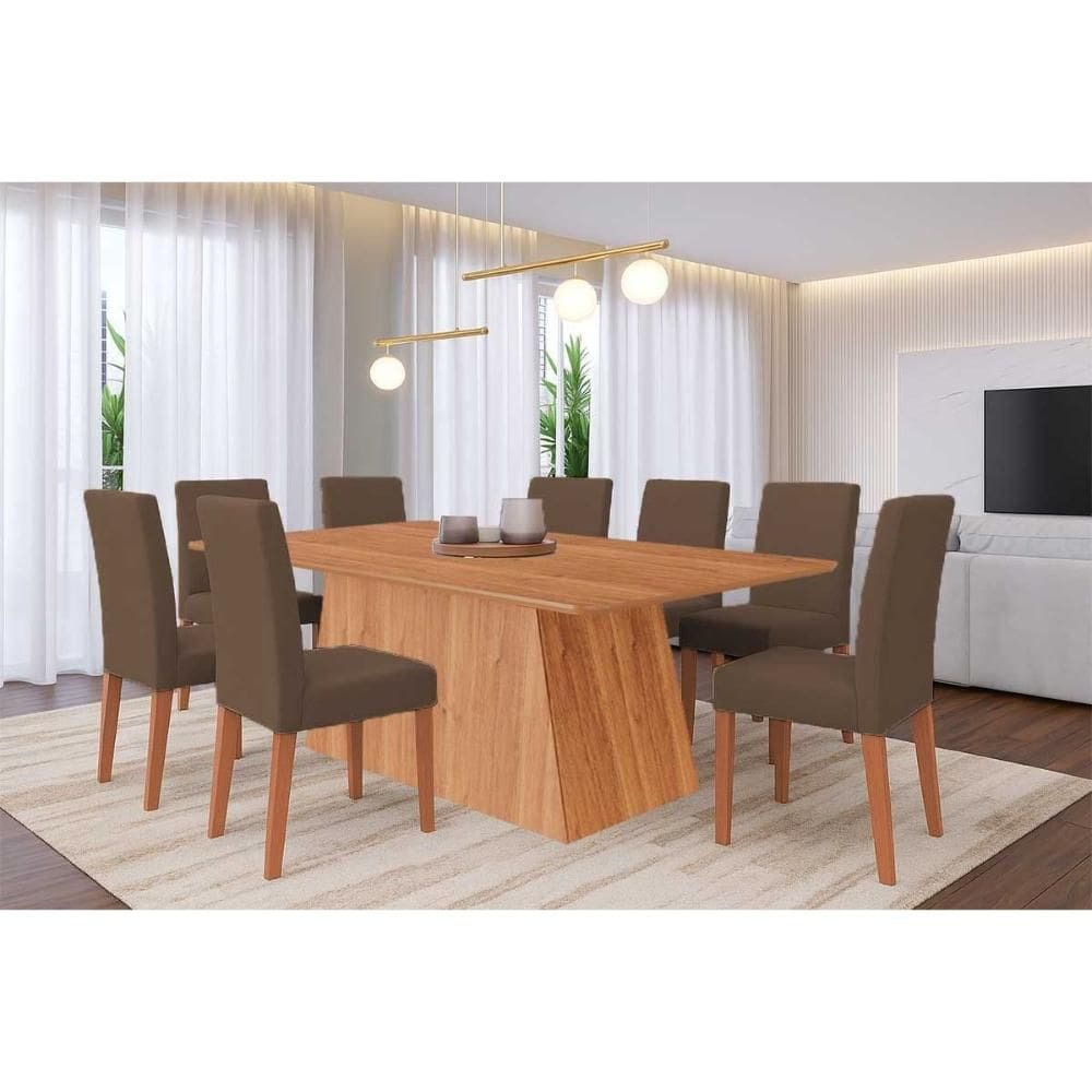 Conjunto: Mesa Sala Jantar Helena Tampo Madeirado 210x100cm e 8 Cadeiras Maia Cinamomo - Cinamomo/Suede Mascavo Chocolate - Cimol