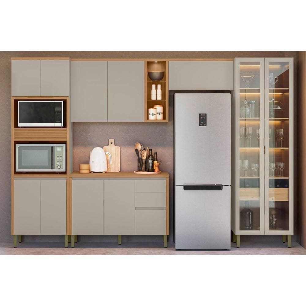 Kit Cozinha Modulada 5 Peças Allure (2Aéreos+1Balcão+1Cristaleira+1Paneleiro) CP15 Jequitiba/Gris Fosco - Linea Brasil