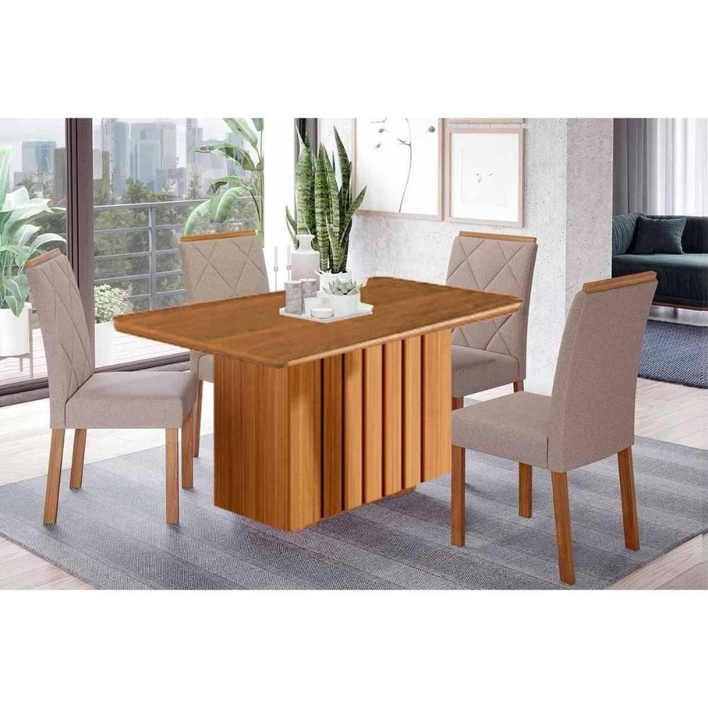Conjunto: Mesa de Cozinha Ana Tampo Madeirado 130x80cm e 4 Cadeiras Fernanda Cinamomo - Carvalho/Linho Bege - Cimol