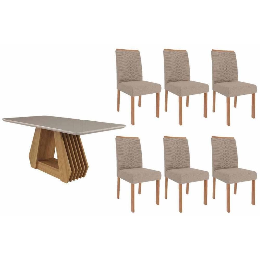 Conjunto: Mesa de Cozinha Ágata Tampo Madeirado c/ Vidro 180x90cm e 6 Cadeiras Clarice Nature/Off White - Carvalho/Linho Bege - Cimol