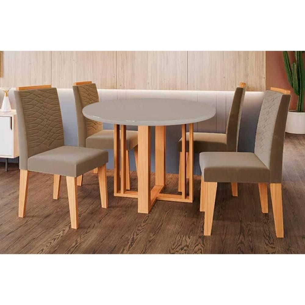 Conjunto: Mesa de Cozinha Flora Tampo Madeirado c/ Vidro 109cm e 4 Cadeiras Clarice Cinamomo/Off White - Carvalho/Suede Joli Capuccino - Cimol