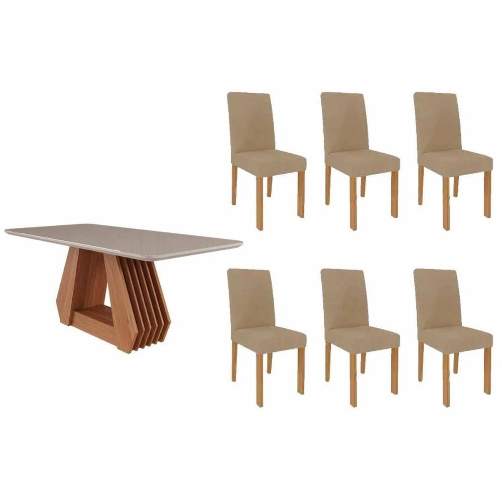 Conjunto: Mesa de Cozinha Ágata Tampo Madeirado c/ Vidro 180x90cm e 6 Cadeiras Maia Nature/Off White - Nature/Suede Gengibre Bege - Cimol
