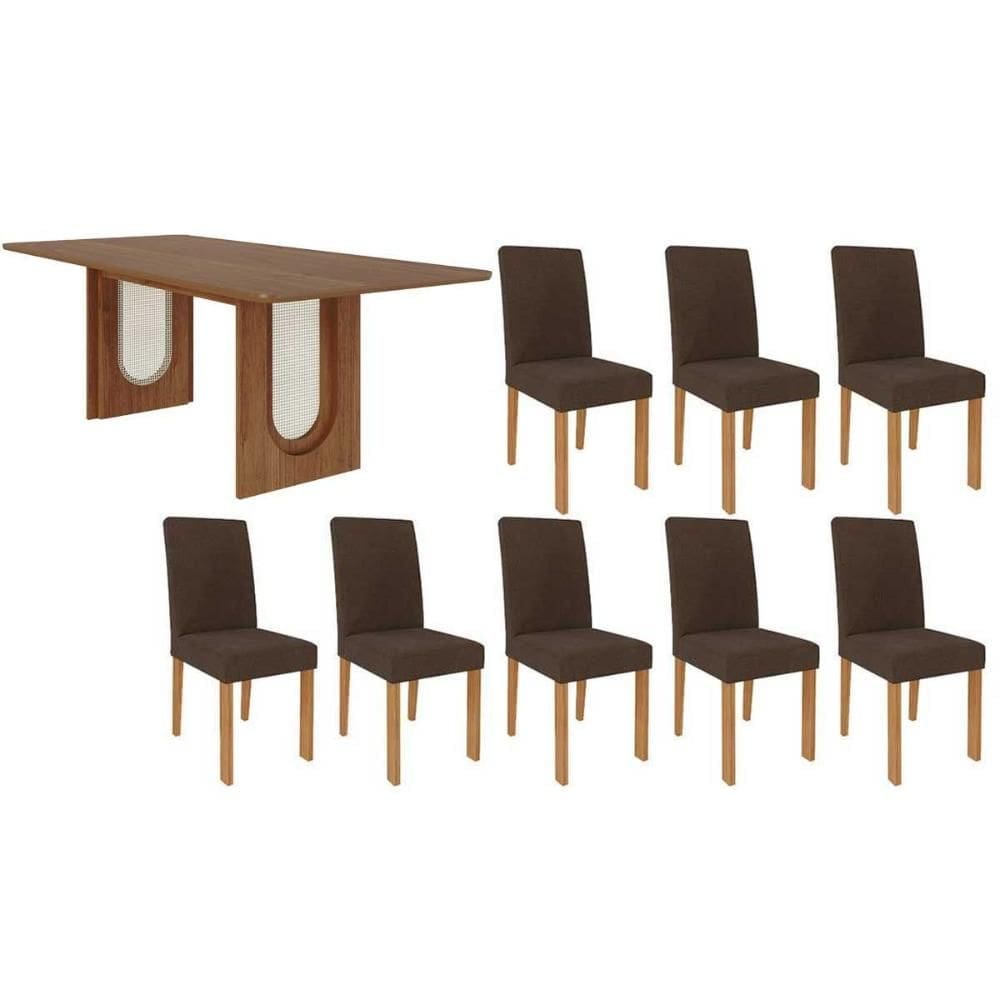 Conjunto: Mesa Sala Jantar Valentina Tampo Madeirado 210x100cm e 8 Cadeiras Maia Cinamomo - Nature/Suede Mascavo Chocolate - Cimol